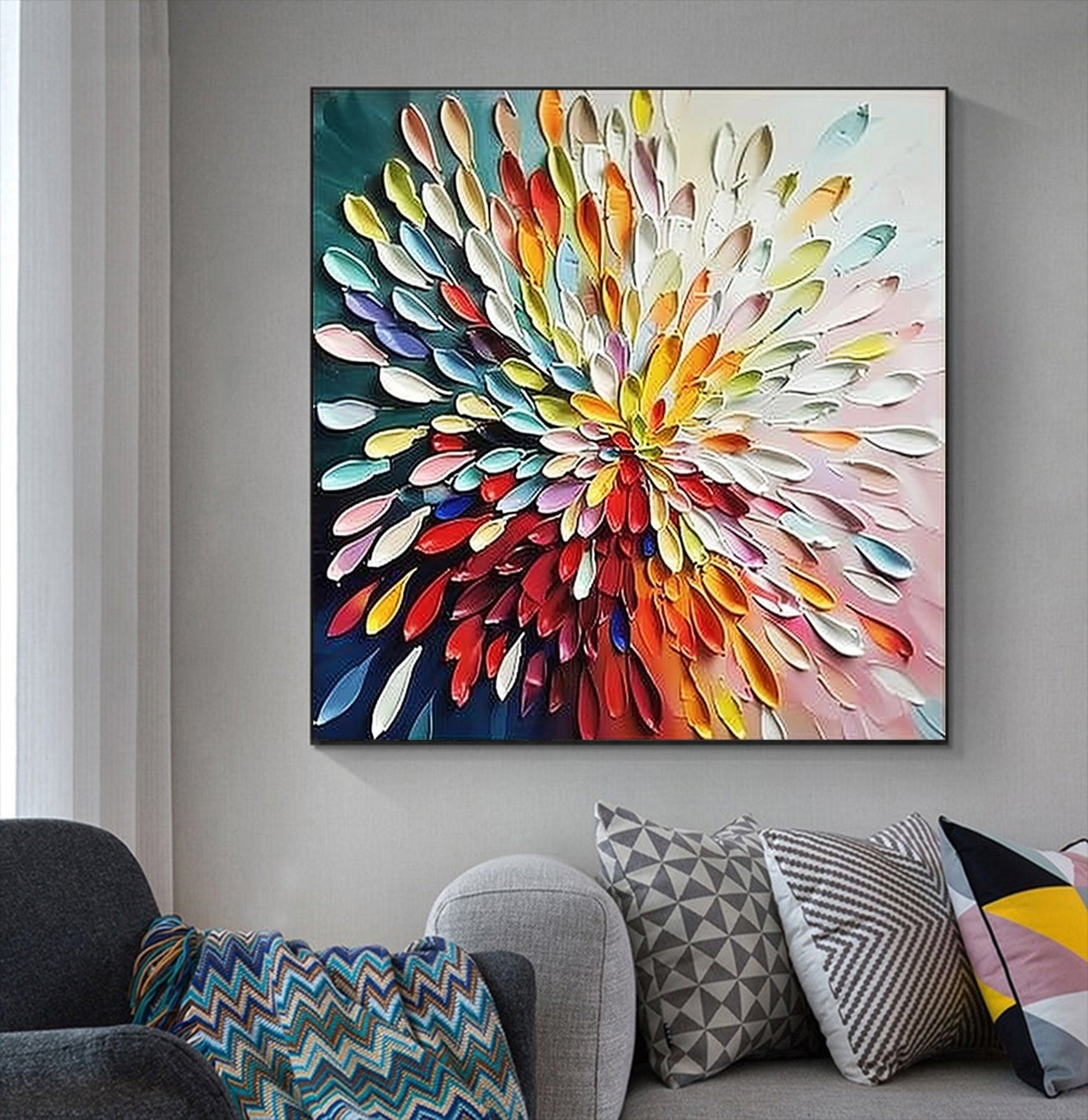 Large Flower Oil Painting on Canvas - Boho Blooming Floral Landscape Wall Art for Living Room Decor