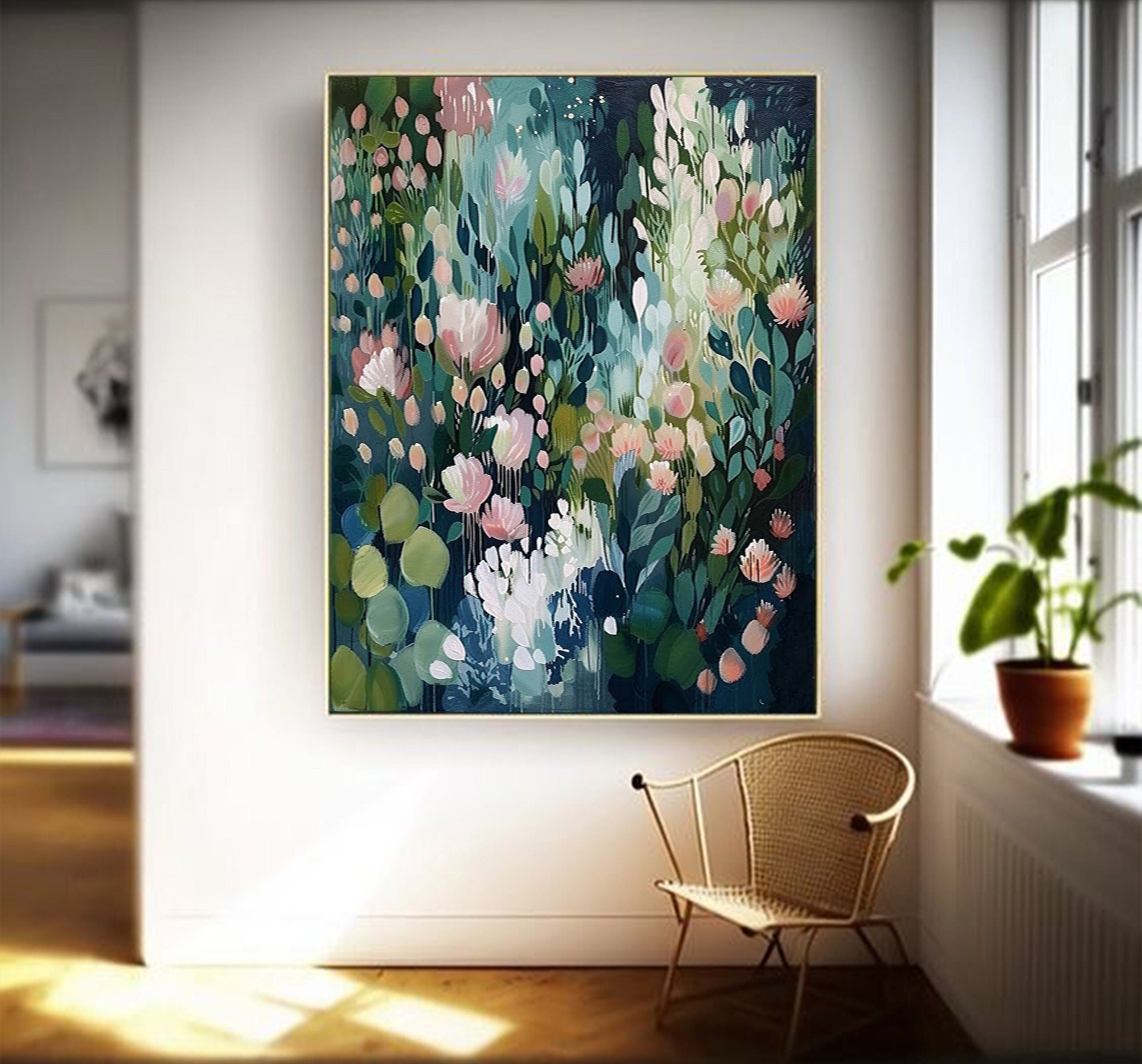 Original Green Floral Oil Painting on Canvas - 3D Textured Wall Art for Modern Living Room Decor