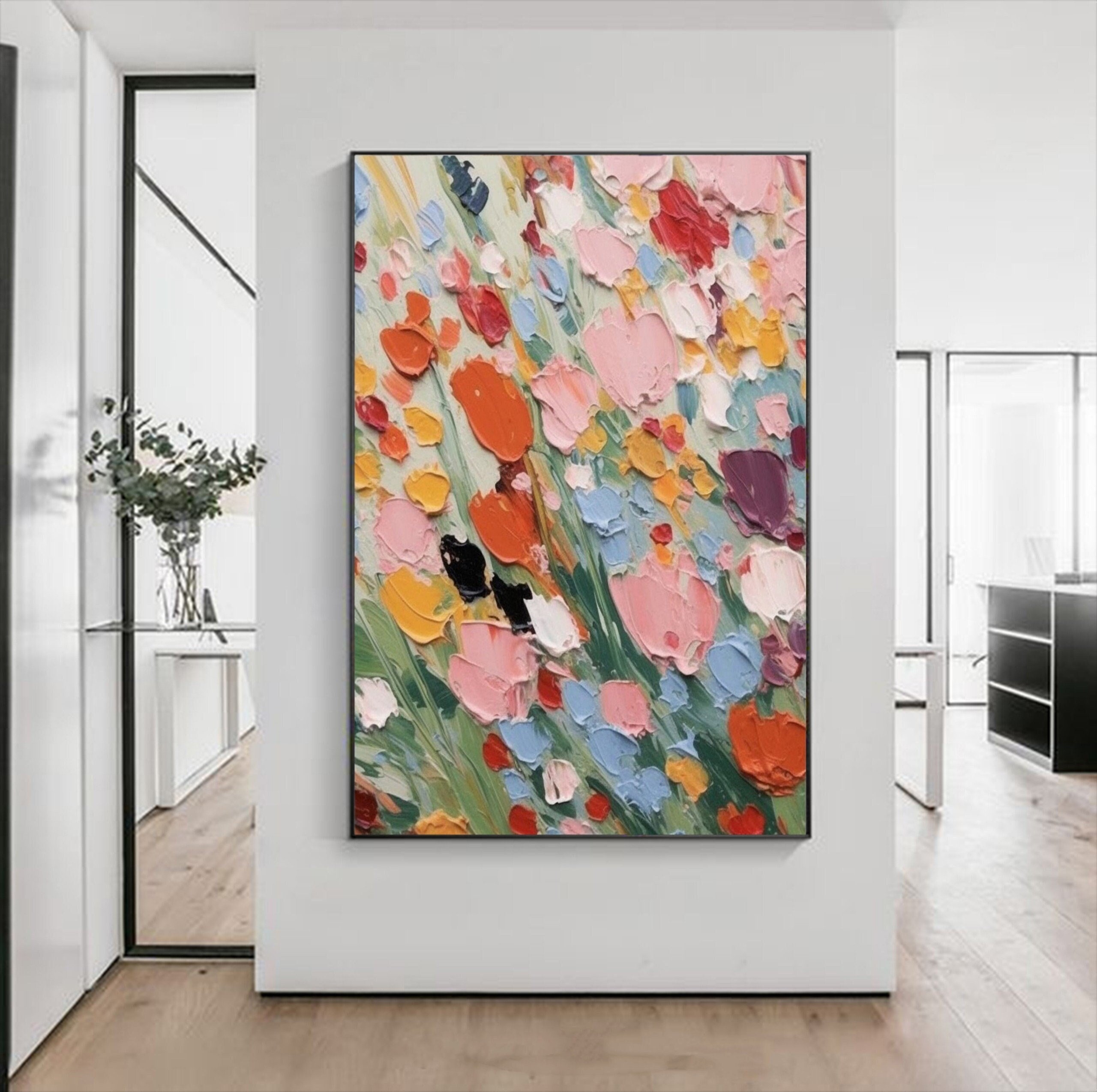 Abstract Pink Flower Oil Painting on Canvas - 3D Textured Wall Art for Minimalist Living Room Decor