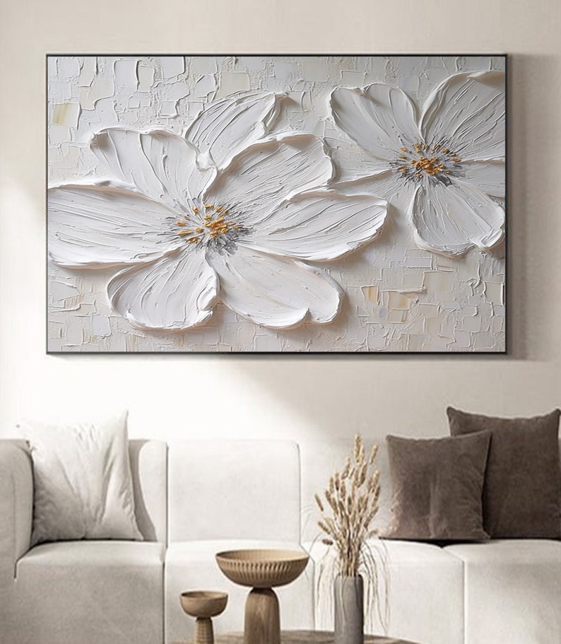 3D White Large Flower Texture Oil Painting on Canvas White Floral ...
