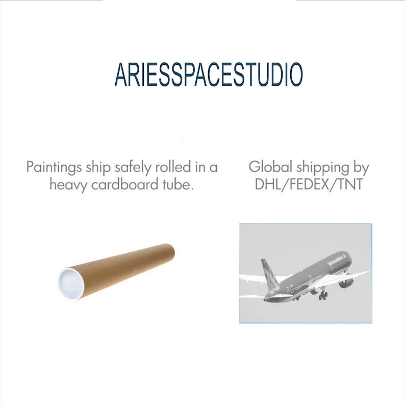 K&ouml;nnte beinhalten: Eine braune Pappr&ouml;hre zum sicheren Versand von Gem&auml;lden. Die R&ouml;hre liegt auf einer wei&szlig;en Oberfl&auml;che. Der Text "ARIESSPACESTUDIO" befindet sich oben im Bild. Der Text "Paintings ship safely rolled in a heavy cardboard tube." befindet sich unter der R&ouml;hre. Der Text "Global shipping by DHL/FEDEX/TNT" befindet sich rechts im Bild. Ein Schwarzwei&szlig;bild eines Flugzeugs befindet sich unter dem Text.