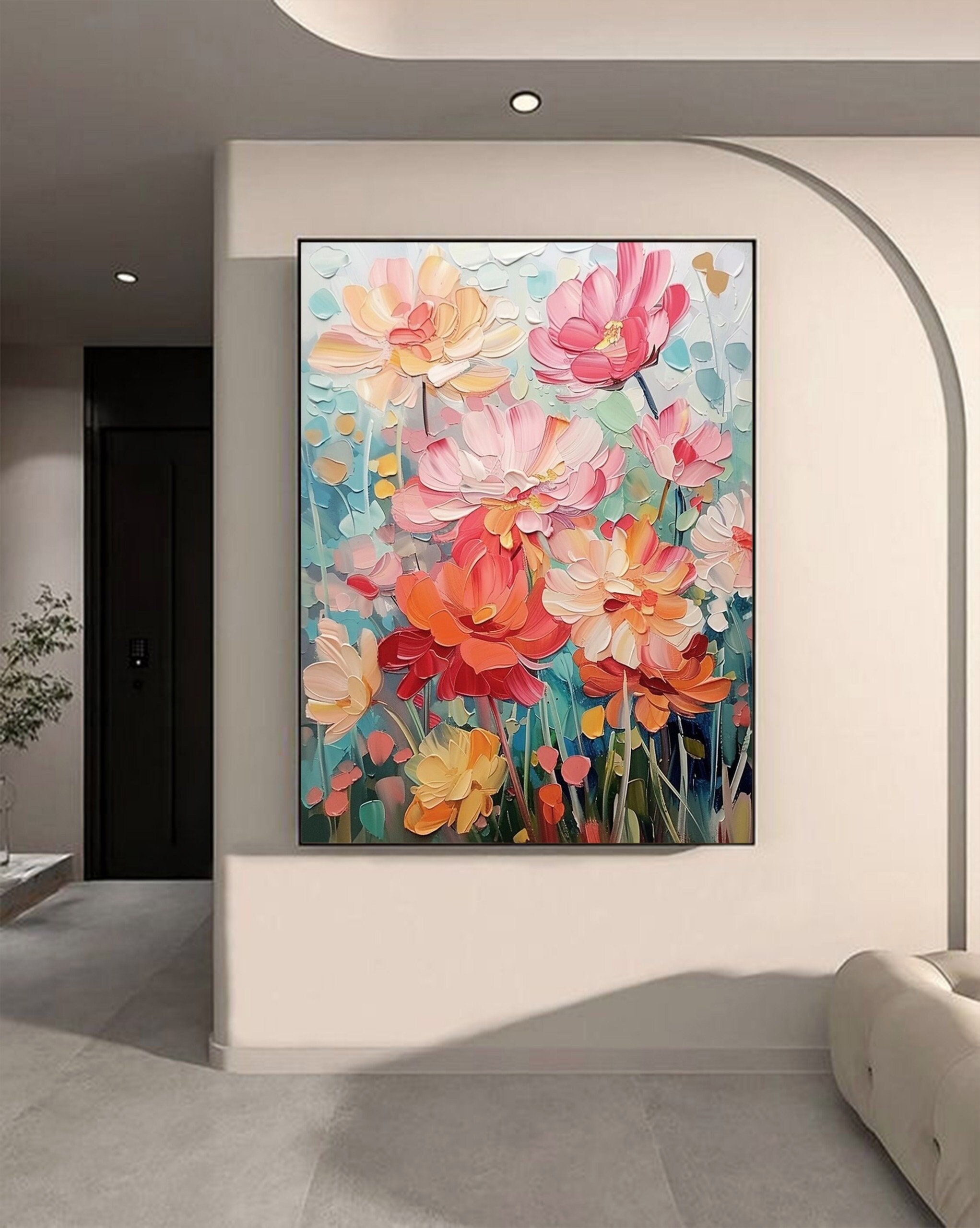 Original Spring Floral Oil Painting on Canvas - Pink Flower Wall Art for Boho Living Room Decor