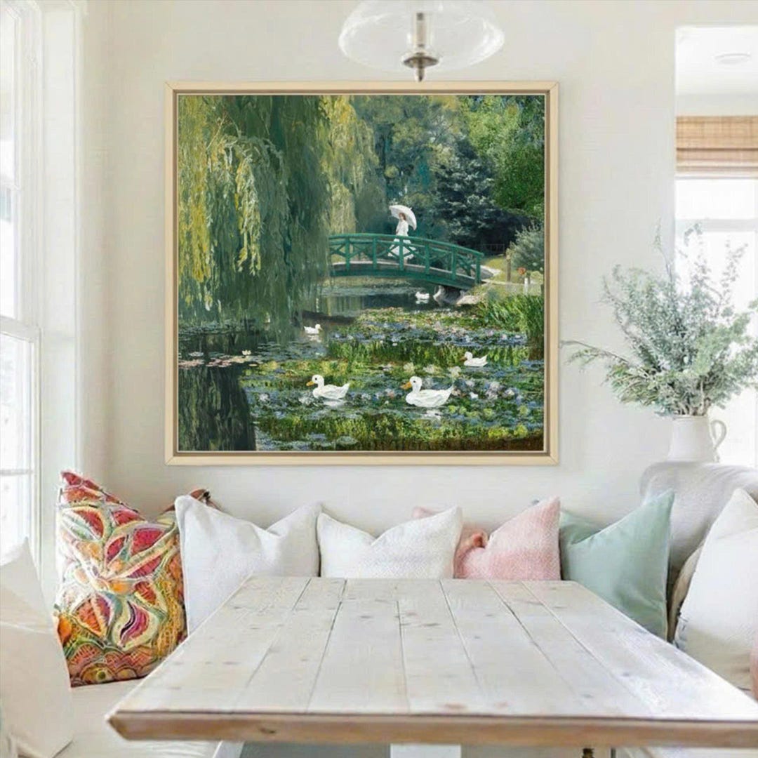 Large Impressionist Water Lily Wall Art Green Abstract Landscape Oil ...