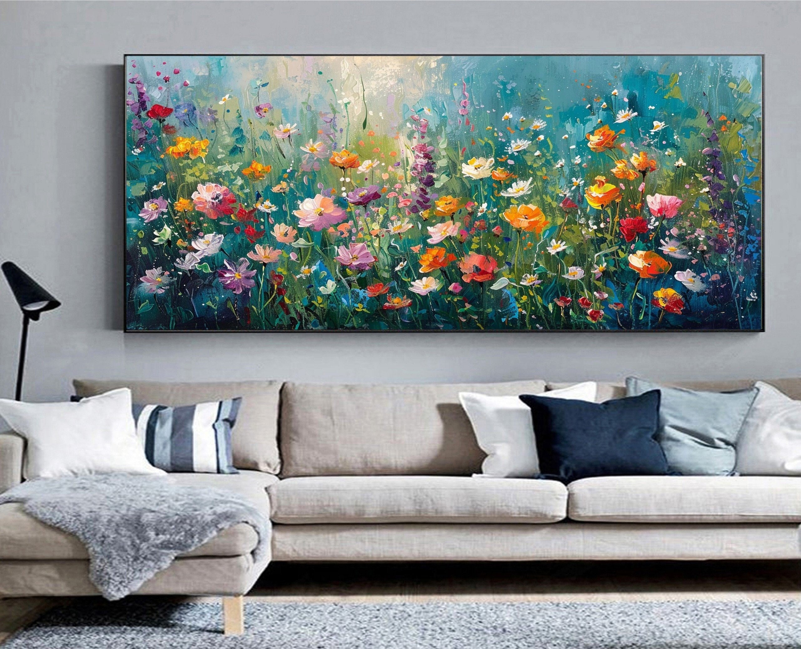 Original Abstract Floral Oil Painting - Colorful Textured Canvas Art for Living Room Wall Decor