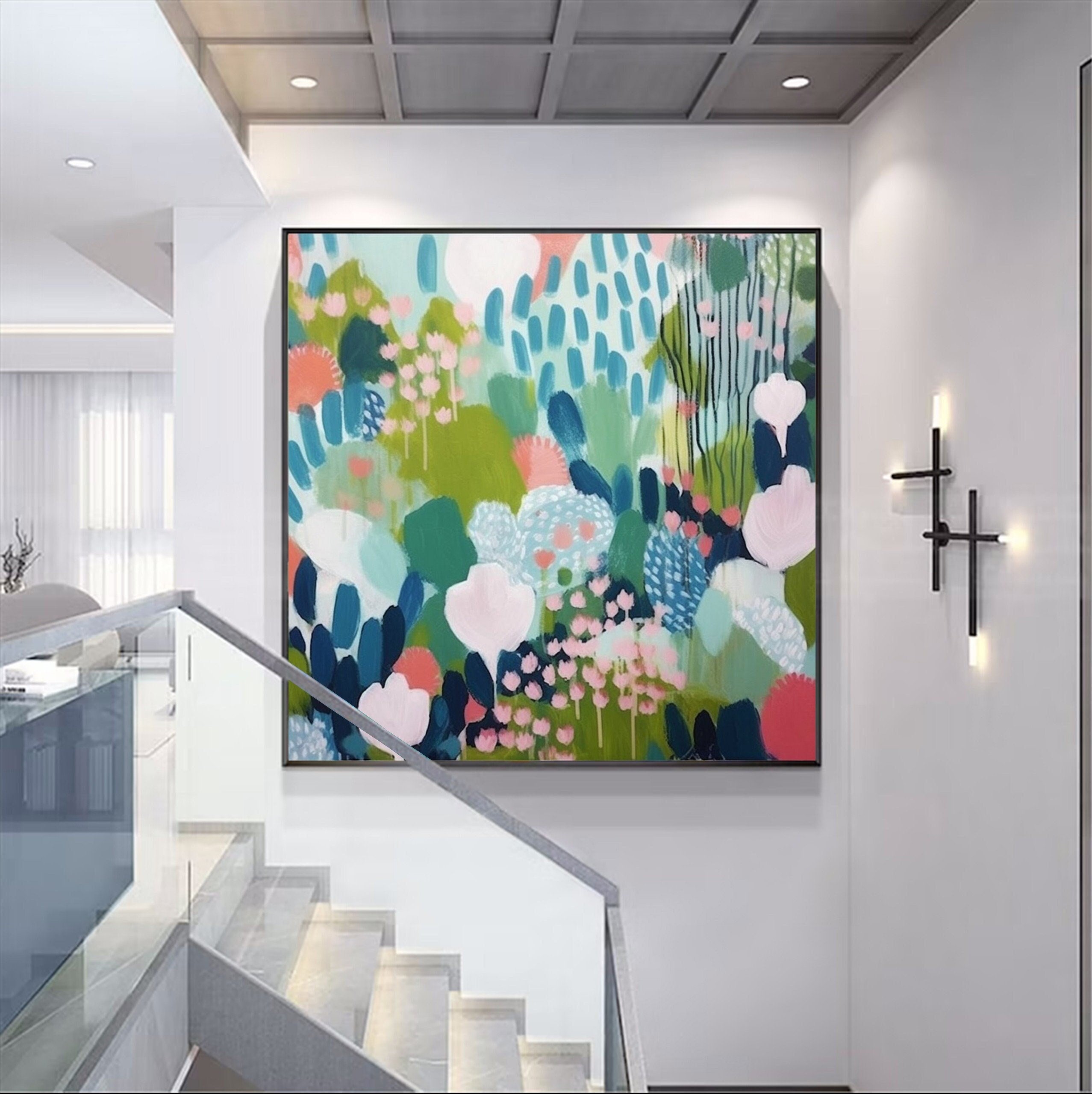 Abstract Blue Flower Oil Painting on Canvas - Natural Landscape Wall Art for Boho Living Room Decor