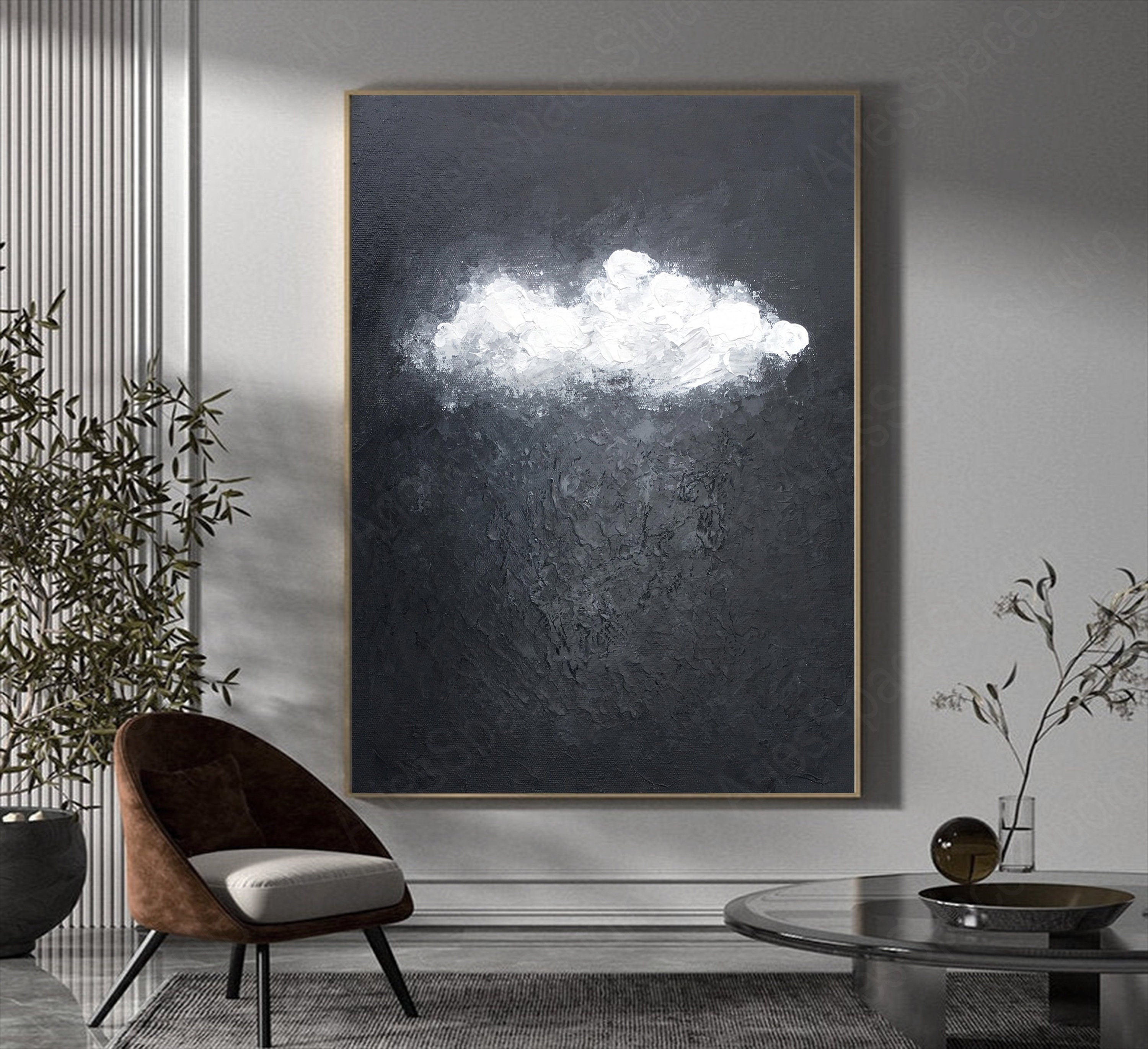 Black and White Wall Art Large Cloud Abstract Painting Minimalist Art ...