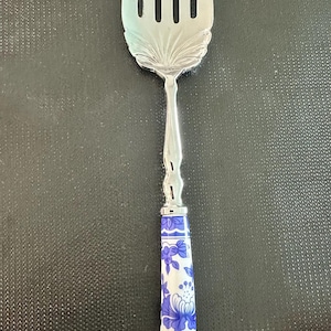 Vintage A.E. Lewis Floraine Sheffield England Serving Fork, Blue & White Ceramic