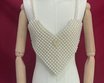 Exclusive heart Shape Pearl Bra  pearl bra body chain pearl vest, Designed Pearl Body Suit pearl necklace suit body jewelry  gift For her