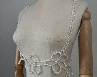 Exclusive Pearl Jewellery Unique pearl bra body chain pearl vest, Designed Pearl Body Suit pearl necklace suit body jewelry  gift For her