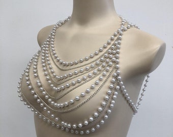 Pearl necklace necklace,pearl body jewelry for women, pearl necklace choker layered, pearl body chain, pearl bra top, pearl shoulder jewelr