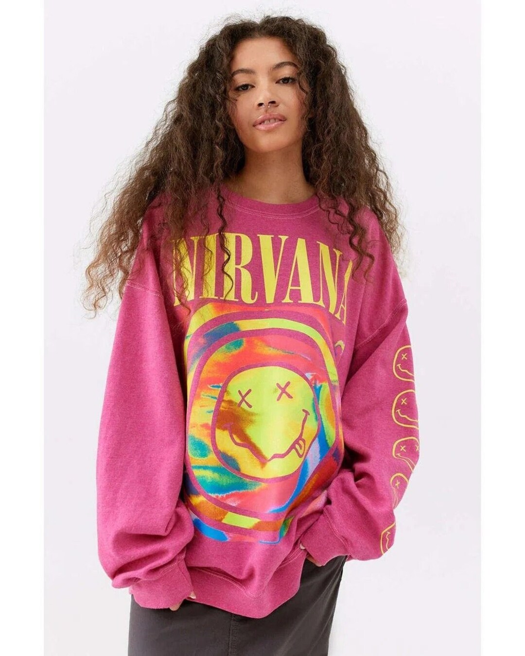 Nirvana Smile Face Sweatshirt in Heliconia Color, Nirvana Smile Face Crewneck, , Trendy Sweatshirt