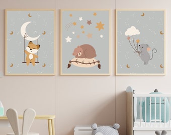 Nursery poster, Decor, Wall Art, Celestial Triple Print Pack Girls or Boys Room or Baby Nursery