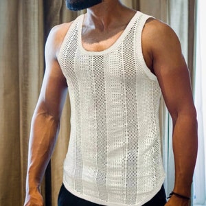 Men's Tank Tops, Lightweight Fishnet Sheer Mesh Top, Gay Evening Wear, Pool Party,Round Neck Sleeveless