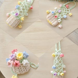 Patrón de bolsa de malla de ganchillo para vasos Bellflower, lindo portavasos floral DIY, descarga de PDF hecho a mano