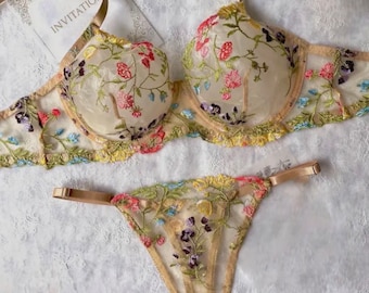 Floral Embroidered Sheer Mesh Underwire Bra and Panty Lingerie Set, Floral Lingerie, Bra Panty Sets