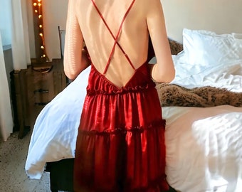 Red Cross Back Tiered Slip Dress Lingerie, Nightwear, Nightdress, Nightie, Nightgown, Cami Dress, Chenise, Negligee