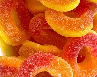 Gummy Peach Gummy Rings - Bonbons gélifiés, Bonbons britanniques, Boîte cadeau, Friandise, Cadeau d’anniversaire, Fête des pères, Cadeau de diplômé, Remise des diplômes