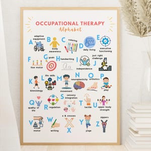 May include: A framed print titled "Occupational Therapy Alphabet" features colourful illustrations for each letter. The alphabet includes terms like "adaptive equipment," "fine motor," and "yoga." The print is in a light wood frame.