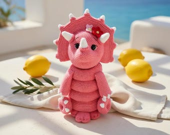 Pink Triceratops Crochet Plushie, Dinosaur Amigurumi Toy, Girl Dino Nursery Decor, Handmade Baby Shower Gift for Her