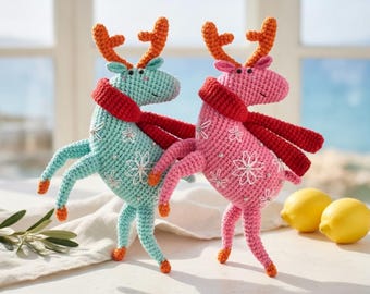 Crochet Reindeer Plush Set, Amigurumi Deer Toy Pattern, Handmade Christmas Decor, Kawaii Holiday Nursery Gift, Reindeer Pair