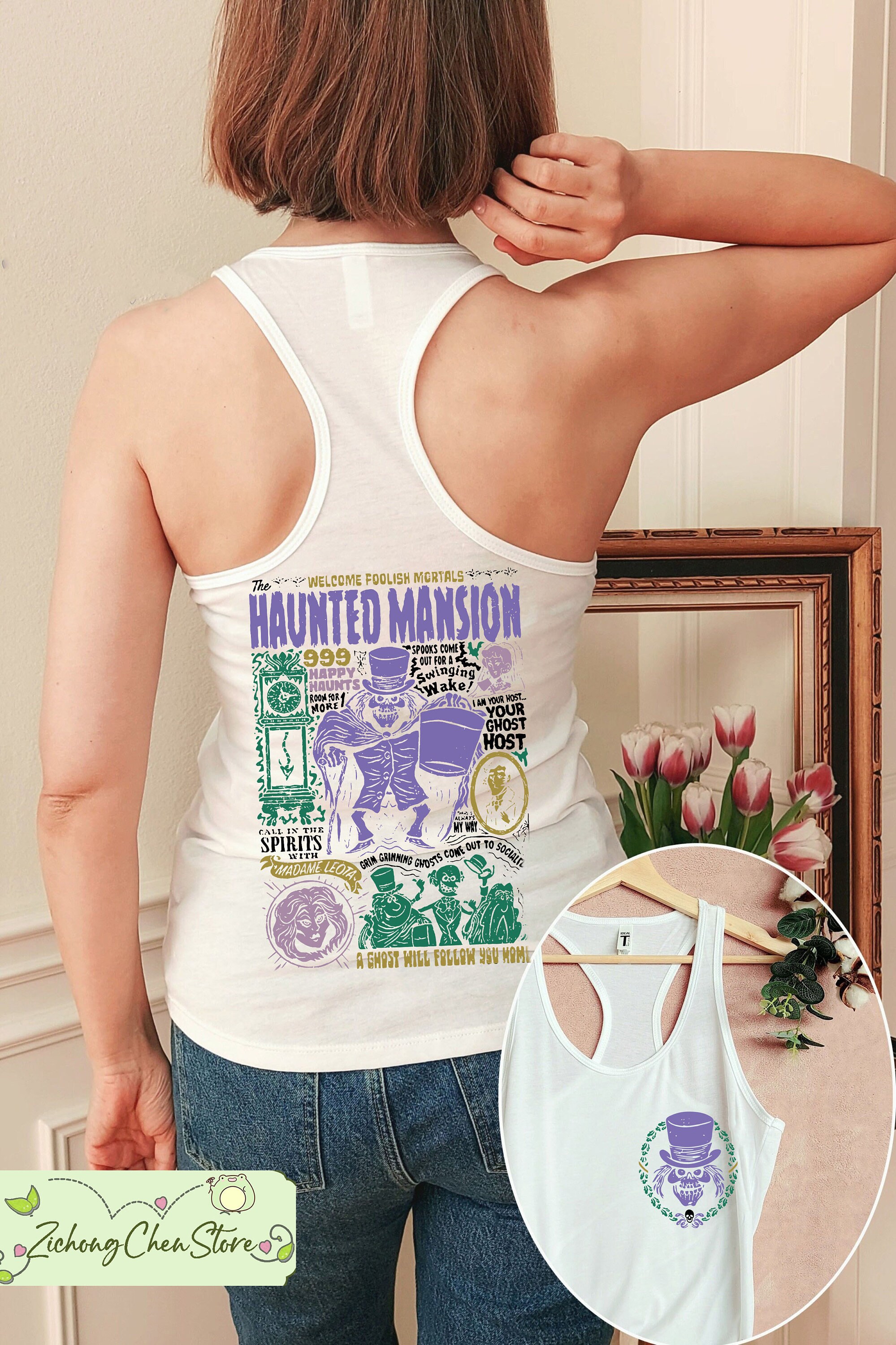 Discover Two-Sided Disneyland Haunted Mansion tanks, Retro Hitchiking Ghosts tank top
