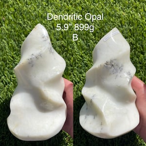 May include: A white Dendritic Opal sculpture with a twisted, organic shape. The stone is 5.9 inches tall and weighs 899g. The surface has subtle black inclusions. The text "Dendritic Opal 5.9" 899g B" is visible.