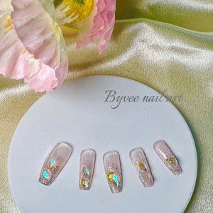 Personalized Press on Crystal Long Coffin  Nails, Reusable fake Nails, Cute Press on nails for Brides, Gifts For Girlfriend
