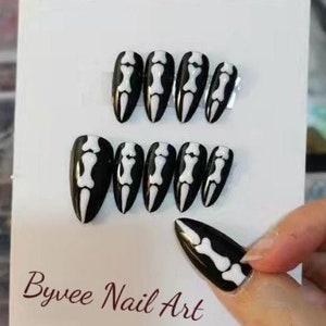 Personalized Halloween Skeleton Long Almond Press on Nails, Reusable fake Nails, Press on nails for Halloween, Gifts For Girlfriend