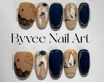 Custom Traditional Chinese Painting Opera Cranes and Mountains Long Round Press on Nails, Reusable Cute Press on nails, Gift For Girlfriend
