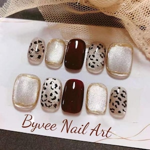 Cat Eye Glitter Leopard Print Wine Red Round Square Press on Nail, Reusable fake Nails, Cute Press on nails for Brides, Gift For Girlfriend