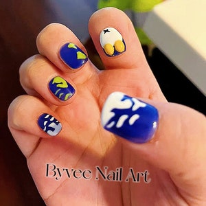 Personalized 3D Ducky and Frog Ocean Blue Sandy Clear Blue Cute Round Press on Nail, Reusable fake Nail, Press on nail, Gift For Girlfriend