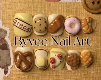 Customized 3D Japanese Donut Croissant Pizza Pretzel Short Round Press on Nail, Reusable fake Nail, Cute Press on nail, Gift For Girlfriend