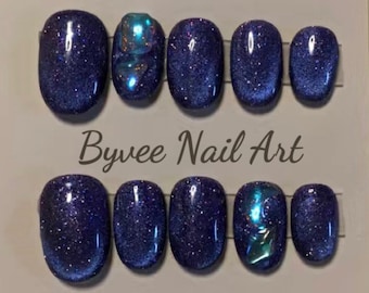 Purple Glitter Crystal Cat Eyes Short Round Press on Nails, Reusable fake Nail, Cute Press on nails for Brides, Gift For Girlfriend