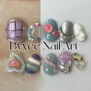 Custom Hand Paint 3D Rainbow and Heart Acrylic Argyle Round Press on Nails, Reusable fake Nail, Press on nail, Gift For Girlfriend