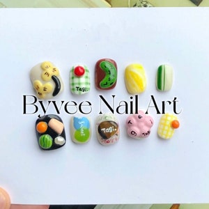 Custom Cute 3D Japanese Argyle Plants Tagi Sweet Flowers Cactus Round Press on Nails, Reusable fake Nail, Press on nail, Gift For Girlfriend