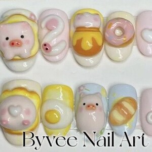 Personalized 3D Argyle Piglet Piggy Donut Heart Round Press on Nails, Reusable fake Nail, Press on nail, Gift For Girlfriend