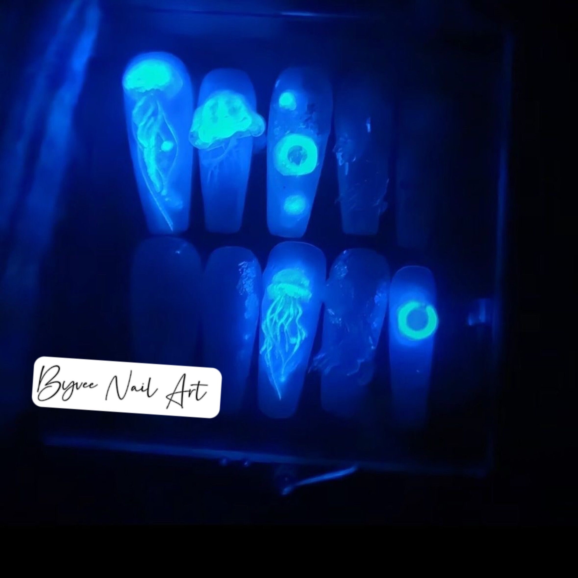Handmade 3D Rainbow Jellyfish Shellfish Glow in the Dark Nails Long Coffin Press on Nails, Reusable fake Nail, Cute Press on nail