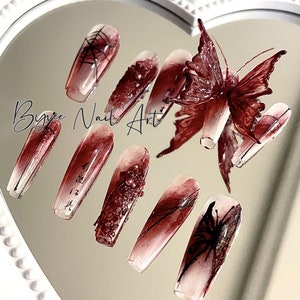 Custom 3D Bloody Butterfly Blood Red Ombre Black gel Spider nails |punk butterfly press on nails| Cute Press on nails for Besties| Handpaint