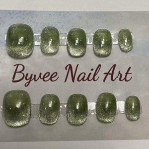 Cat Eye Olive Green Glitter Shiny Round Square Press on Nails, Reusable fake Nails, Cute Press on nails for Besties, Gifts For Girlfriend