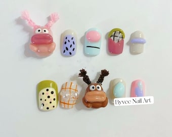 Customized 3D Japanese Cartoons Rainbow Pink Brown Round Squire Press on Nails, Reusable fake Nail, Cute Press on nail, Gift For Girlfriend