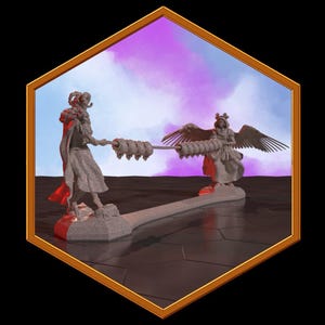 May include: Digital artwork depicting a tug-of-war between two figures. One figure has horns and a cape, the other has wings. They are pulling on a long, cylindrical object. The background is a blend of purple, blue, and white.