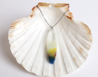 Surfboard necklace, Blue yellow white, surfer pendant, Large, chain 14-22 inch, Ocean jewellery, Ocean jewelry, pendant necklace, jewelry