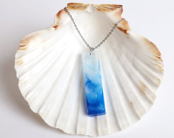 Beach necklace, Rectangle pendant, Blue white, chain 14/22 inch, Large ocean jewel, Ocean girl aesthetic,Wave necklace, tropical, coastal