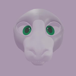 May include: A 3D-rendered, pale purple animal head with large, round eyes and a prominent snout. The eyes are white with bright green irises. The background is a matching pale purple.