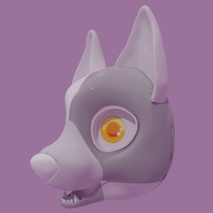 Puede incluir: Una cabeza de perro renderizada en 3D con un diseño estilizado. La cabeza es principalmente gris con detalles blancos en las orejas y el hocico. El ojo es de color amarillo-naranja brillante. El fondo es morado liso.