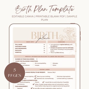 Editable Birth Plan Template - Aesthetic Botanical Minimalist - Canva Editable Template and Blank PDF Printable