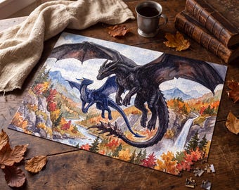 May include: A rectangular jigsaw puzzle featuring a large black dragon and a smaller blue dragon flying over a landscape with a river, waterfall, and autumn trees. The puzzle is partially assembled on a dark wooden table with scattered pieces.