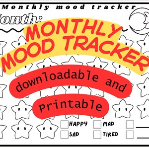 Puede incluir: Un rastreador mensual de estado de ánimo imprimible en blanco y negro con gráficos de estrellas. Las palabras "MONTHLY MOOD TRACKER" están en texto amarillo y rojo. El rastreador incluye secciones para "HAPPY", "SAD", "MAD" y "TIRED".