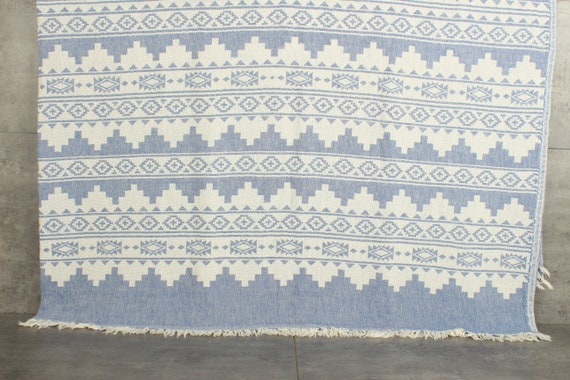Turkish Blanket, Bedspread, Kilim Throw, 56x85 Inches Sax Blue Cotton Throw, Custom Wedding Gifts, Bachelor Bachelorette Party Favors,