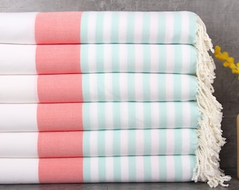 Wholesale Towels, Beach Towel, Striped Towel, 40x67 Inches Small Blanket, Home Decor Towel, Vermilion and Mint Decor Towel, Pareo Towel,